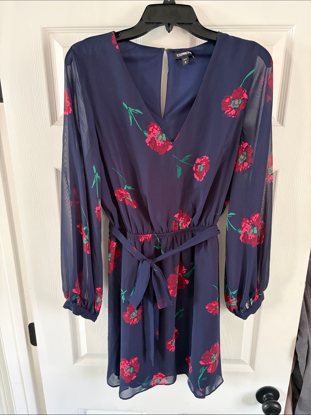 Express Navy Long-Sleeve Floral Tie-Waist Dress